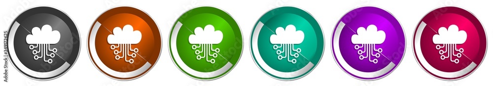 Poster cloud computing icon set, technology, circuit, data silver metallic chrome border vector web buttons