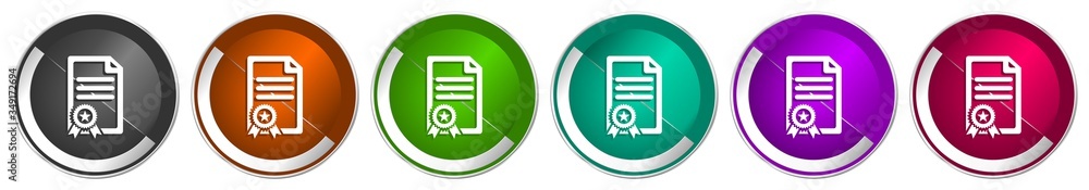 Aufkleber certificate icon set, diploma, achievement silver metallic chrome border vector web buttons in 6 col