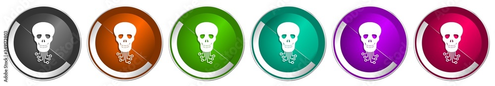 Poster hack icon set, virus, circuit, skull, hacker silver metallic chrome border vector web buttons in 6 c