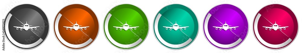 Poster Flight icon set, plane, aircraf silver metallic chrome border vector web buttons in 6 colors options for webdesign