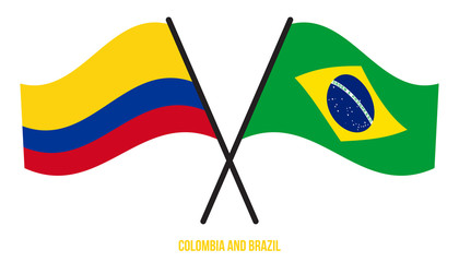 Colombia and Brazil Flags Crossed And Waving Flat Style. Official Proportion. Correct Colors