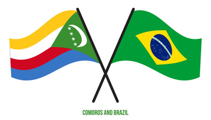 Comoros and Brazil Flags Crossed And Waving Flat Style. Official Proportion. Correct Colors