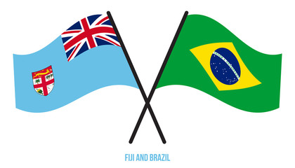 Fiji and Brazil Flags Crossed And Waving Flat Style. Official Proportion. Correct Colors