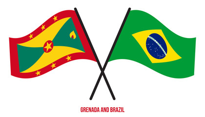 Grenada and Brazil Flags Crossed And Waving Flat Style. Official Proportion. Correct Colors