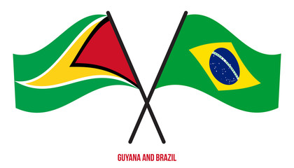 Guyana and Brazil Flags Crossed And Waving Flat Style. Official Proportion. Correct Colors