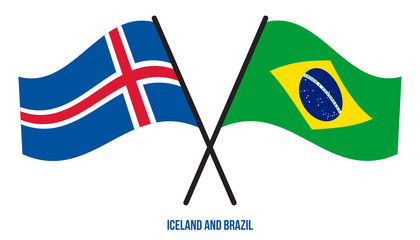 Iceland and Brazil Flags Crossed And Waving Flat Style. Official Proportion. Correct Colors