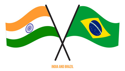 India and Brazil Flags Crossed And Waving Flat Style. Official Proportion. Correct Colors