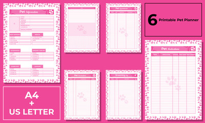 Minimalist pet information,pet appointment, pet medications, pet vaccinations, grooming log, pet planner templates vector paper A4, US Letter, AI and EPS 10

