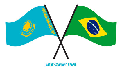 Kazakhstan and Brazil Flags Crossed And Waving Flat Style. Official Proportion. Correct Colors