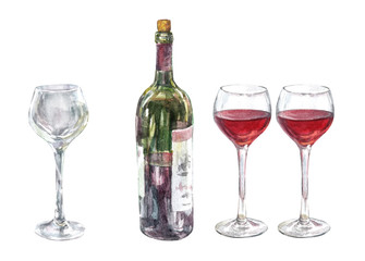 watercolor set green bottle of red wine with glasses. Isolated white background. Fragrant romantic dinner. Pouring dry grape wine in a restaurant. Wedding or party decor. anniversary  important event/