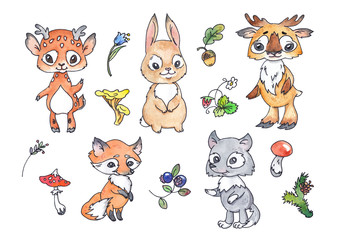 Obraz na płótnie Canvas Watercolor cartoon cute forest animals. Children's hand drawings. Colored kids sika deer, hare, rabbit, elk, fox, wolf, wild plants and mushrooms. Decor for greeting cards and teaching aids and books.