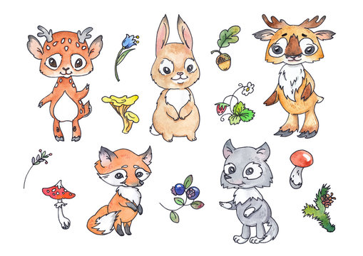 Watercolor cartoon cute forest animals. Children's hand drawings. Colored kids sika deer, hare, rabbit, elk, fox, wolf, wild plants and mushrooms. Decor for greeting cards and teaching aids and books.