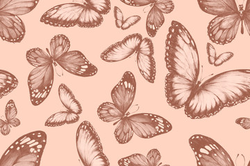 Fototapeta premium Seamless pattern. Butterflies insects. Print textile. Hand-drawn watercolor illustration. wildlife, forest, park. Gift card, congratulations. Vintage, retro style, sketch.