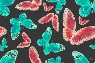 Seamless pattern. Butterflies insects. Print textile. Hand-drawn watercolor illustration. wildlife, forest, park. Gift card, congratulations. Vintage, retro style, sketch.