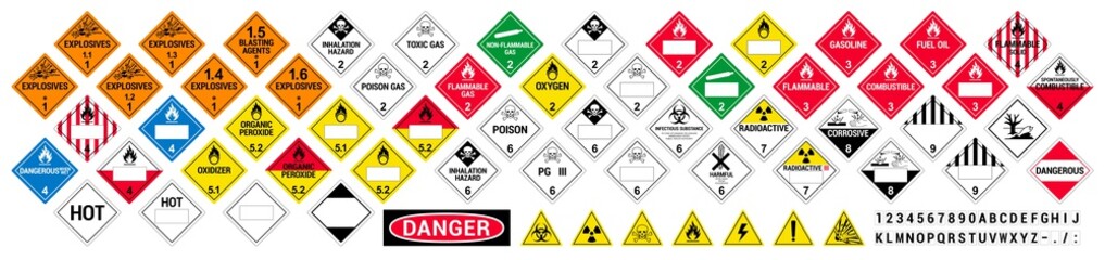 Vector hazardous material signs. Globally Harmonized System warning signs. All classes. Hazmat isolated placards. GHS
