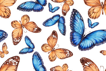 Seamless pattern. Butterflies insects. Print textile. Hand-drawn watercolor illustration. wildlife, forest, park. Gift card, congratulations. Vintage, retro style, sketch.