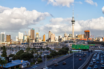 AUCKLAND, NEW ZEALAND - APRIL 7, 2017: View of the city downtown with highrise architecture and the...