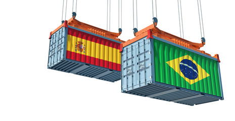 Shipping containers with Spain and Brazil flag. 3D Rendering 
