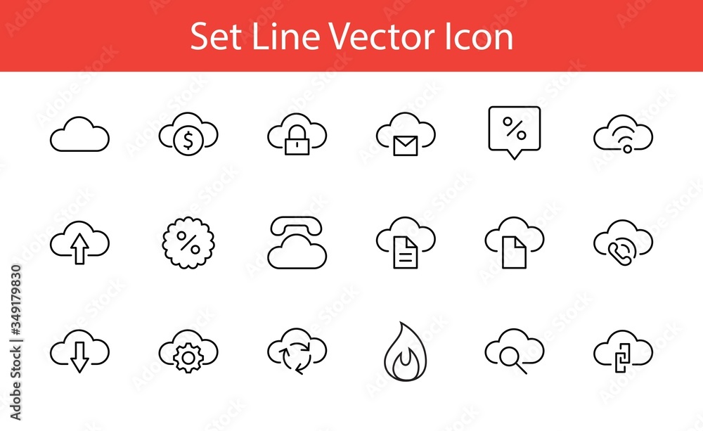 Poster set of cloud vector line icon. it contains symbols to upload, download, link and more. editable stro