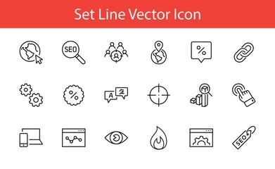 Set of SEO Related Vector Line Icons. Contains such Symbols as Web icon, Eye, Localization, Link, Traffic, Translate, Performance Tracking, Point and more. Editable Stroke. 32x32 Pixels