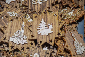 Wood carving artistic decoration and ornaments for Christmas winter time card or invitation