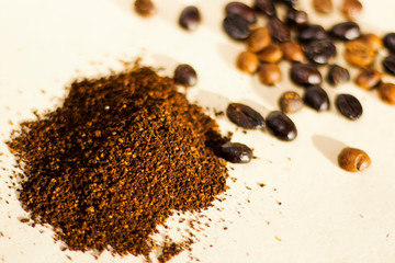 Coffee seeds on the table, coffee shop. 