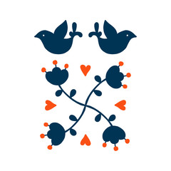 Folk art vector Decorative frame with birds and flowers, Scandinavian design. flower arrangement.Retro background inspired by Swedish and Norwegian traditional style.