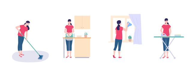 A woman housewife washes dishes, irons clothes, washes the window. Vector illustration in a flat style, the concept of home cleaning, hygiene.