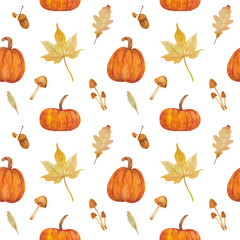 Seamless watercolor background with hand-drawn autumn leaves, mushrooms and pumpkins. Pattern for wallpaper, web, banner, fabric, wrapping paper or scrapbook.