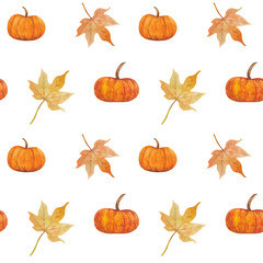 Seamless hand-drawn watercolor pattern. Autumn leaves and pumpkins isolated on white background. Design for fabric, textile, print, banner, wrapping paper or scrapbook.
