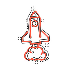 Rocket icon in comic style. Spaceship launch cartoon vector illustration on white isolated background. Sputnik splash effect business concept.