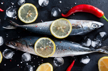  mackerel fish, lemon slices, ice cubes, spices, red chili pepper, salt on a black background top...