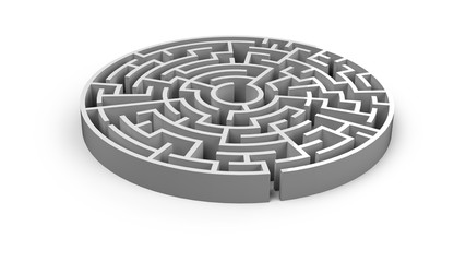 Circular maze of white color. 3d render. 3d labyrinth maze challenge	