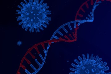 Virus close-up on a background of a DNA helix, RNA and virus, 3D rendering