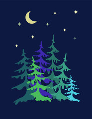 Obraz premium Night wood pine trees and spruce under the moon and stars. Vector Illustration.