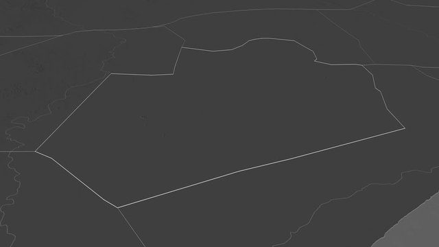 Bay, region with its capital, zoomed and extruded on the bilevel map of Somalia in the conformal Stereographic projection. Animation 3D