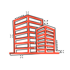 Building icon in comic style. Town skyscraper apartment cartoon vector illustration on white isolated background. City tower splash effect business concept.