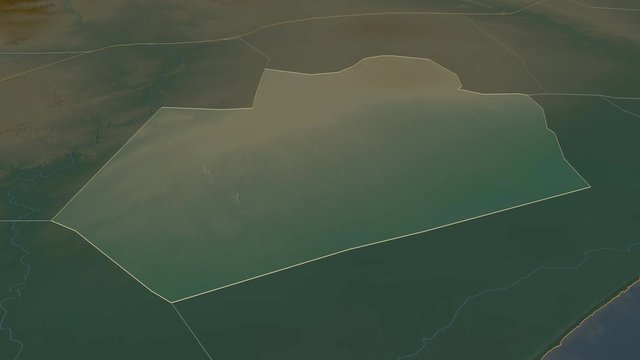 Bay, region with its capital, zoomed and extruded on the relief map of Somalia in the conformal Stereographic projection. Animation 3D