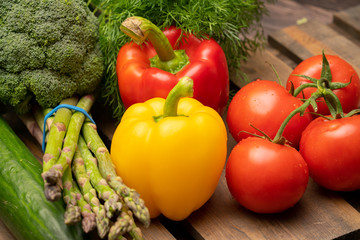 Fresh vegetables in a wooden crate