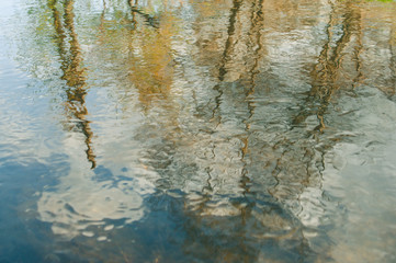 Reflection of sky and trees on water surface