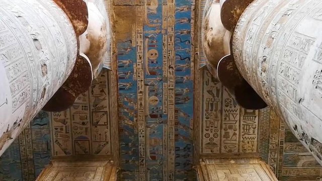 Beautiful interior of the Temple of Dendera or the Temple of Hathor. Egypt, Dendera, Ancient Egyptian temple near the city of Ken.