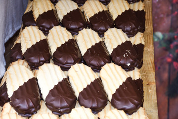 Various types of cakes, tart, mousse, pies for sale in bakery or pastry shop