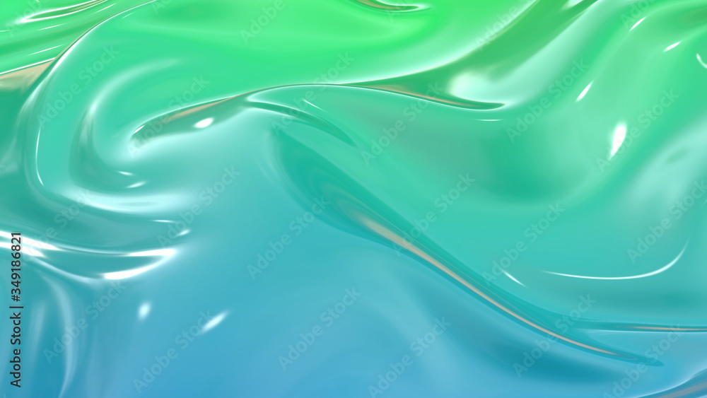 Poster 3d render beautiful folds of light glossy blue green color gradient in full screen, like a beautiful