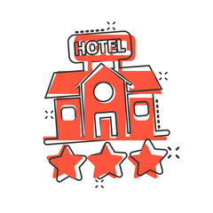 Hotel 3 stars sign icon in comic style. Inn building cartoon vector illustration on white isolated background. Hostel room splash effect business concept.