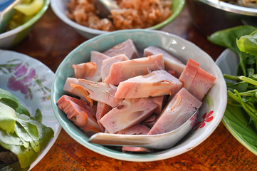 Young jackfruit, local fruit, having with curry rice noodle - Thailand southern style 