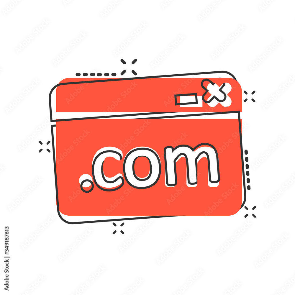 Aufkleber website domain icon in comic style. com internet address cartoon vector illustration on white isolat