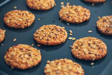 Homemade oatmeal round delicious cookies with seeds lie on a dark baking sheet. Home cooking.