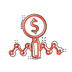 Magnifier glass with money icon in comic style. Dollar search cartoon vector illustration on white isolated background. Financial currency splash effect business concept.