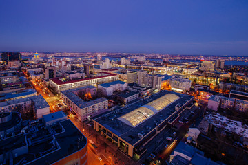 Fototapeta na wymiar Night Voronezh downtown skyline, aerial view from rooftop
