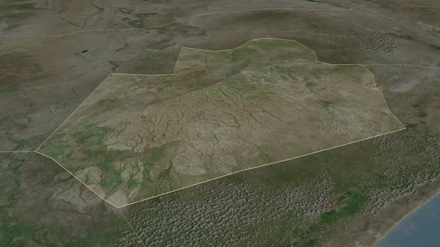 Bay, region with its capital, zoomed and extruded on the satellite map of Somalia in the conformal Stereographic projection. Animation 3D